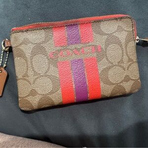 Coach Brown Wristlet with Red and Purple Stripes